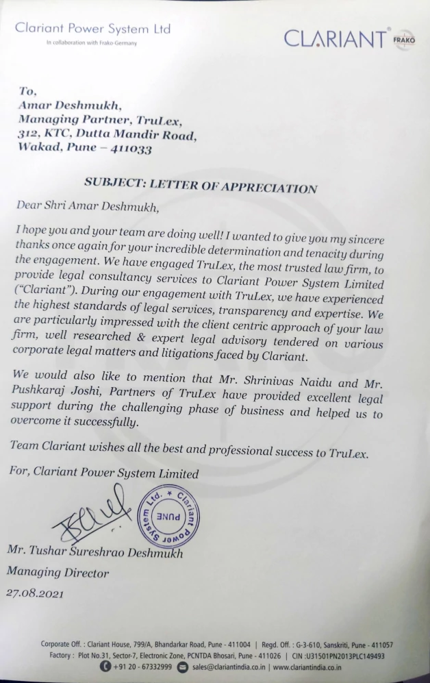 letter of appriciation clariant